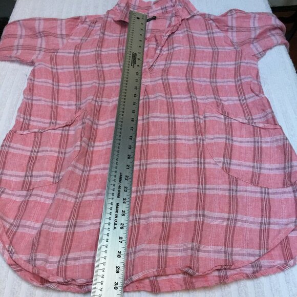 Tancredi & Morgen Women's Large Split Neck 2/4 Sleeve Pink Plaid Linen Tunic Top - Picture 5 of 6